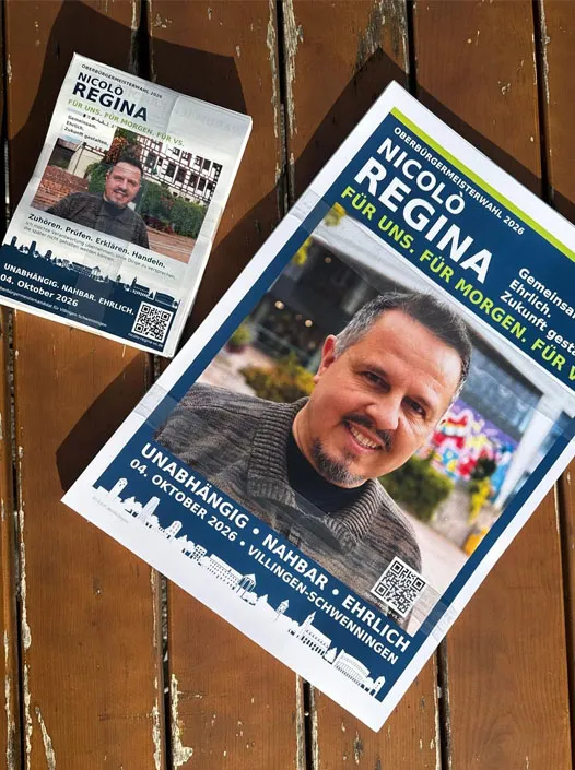 Die ersten Flyer und Poster für Nicolò Reginas Wahlkampf